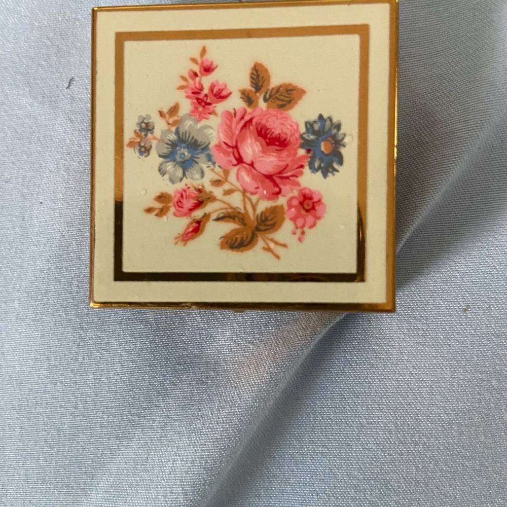 Vintage English metal enamel top pillbox with Gold Trim
